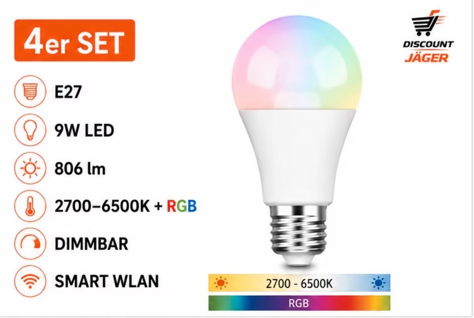 4er Set Glühbirne PRIOS / 9936034 / 9W E27 RGB Smart LED