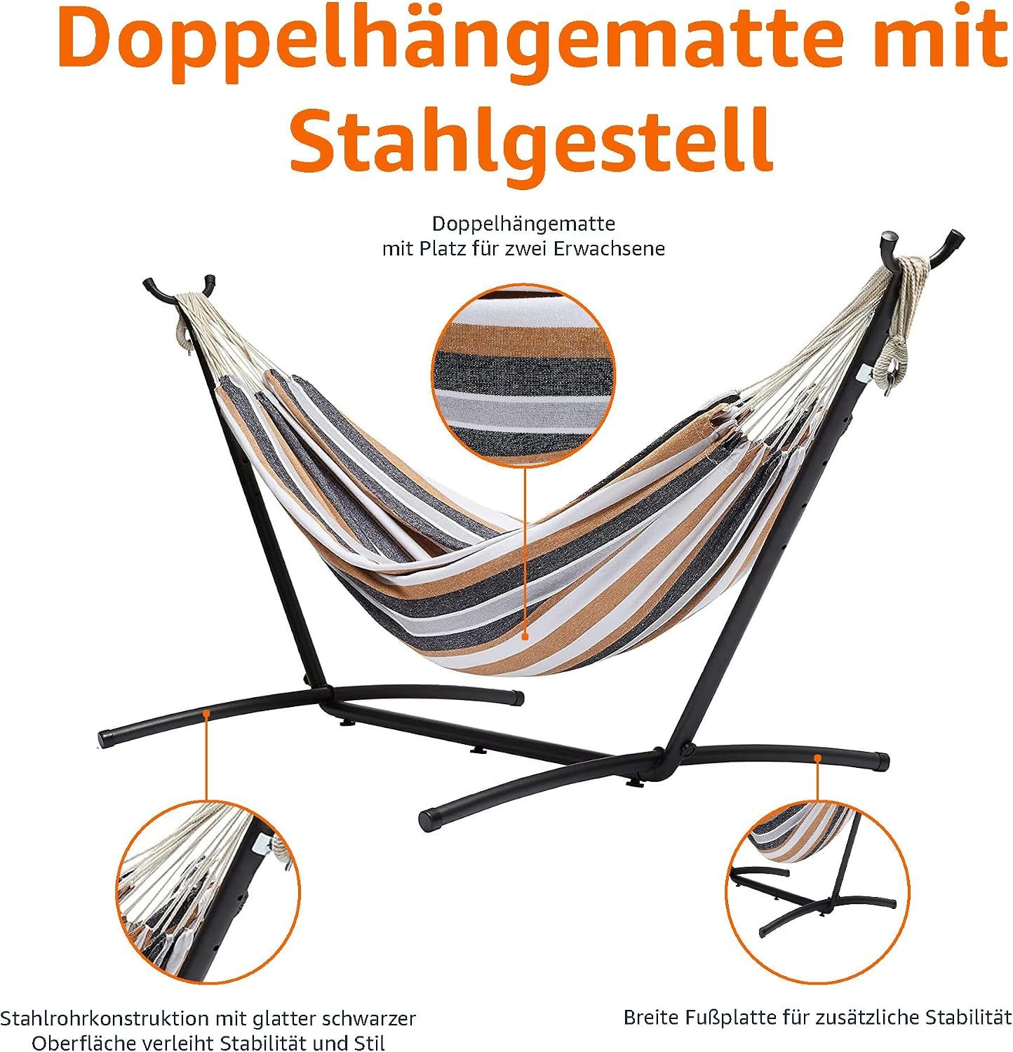 Doppelhängematte aus Stoff mit Stahlgestell Stoff: Gestreift (Weiß, Braun, Grau, Schwarz) / Gestell: Schwarz – Bild 5