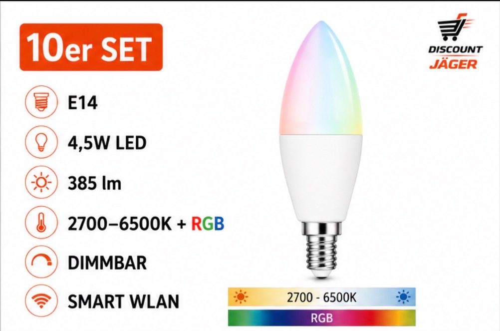 10er Set PRIOS LED Smart WLAN Kerzenlampe E14 4,5W RGB+CCT (Art.-Nr. 9936032) Weiß (Gehäuse)