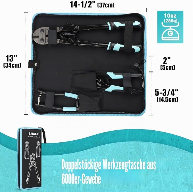 SHALL 3-teiliges Bolzenschneider- und Drahtseilschneider-Set inkl. Transporttasche Schwarz, Hellblau, Silber – Bild 4